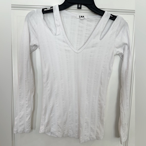 LNA ribbed white long sleeve top with cut out shoulders - Picture 2 of 5